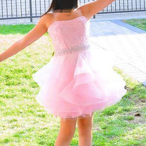JVN3099 light Pink Embellished Belt Strapless Short Dress
